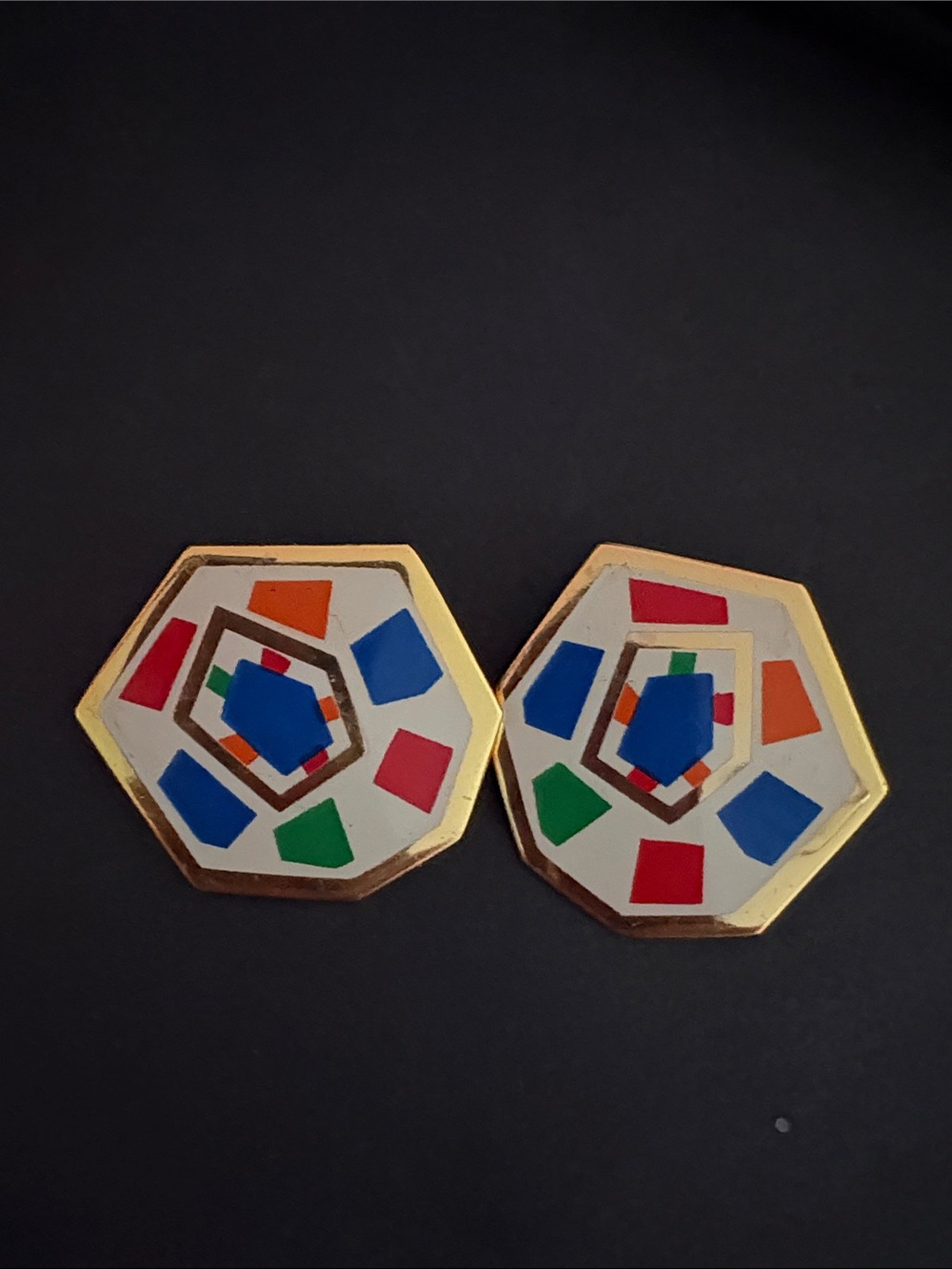 Vintage 1980s Geometric Multicolor Enamel Gold Tone Earrings